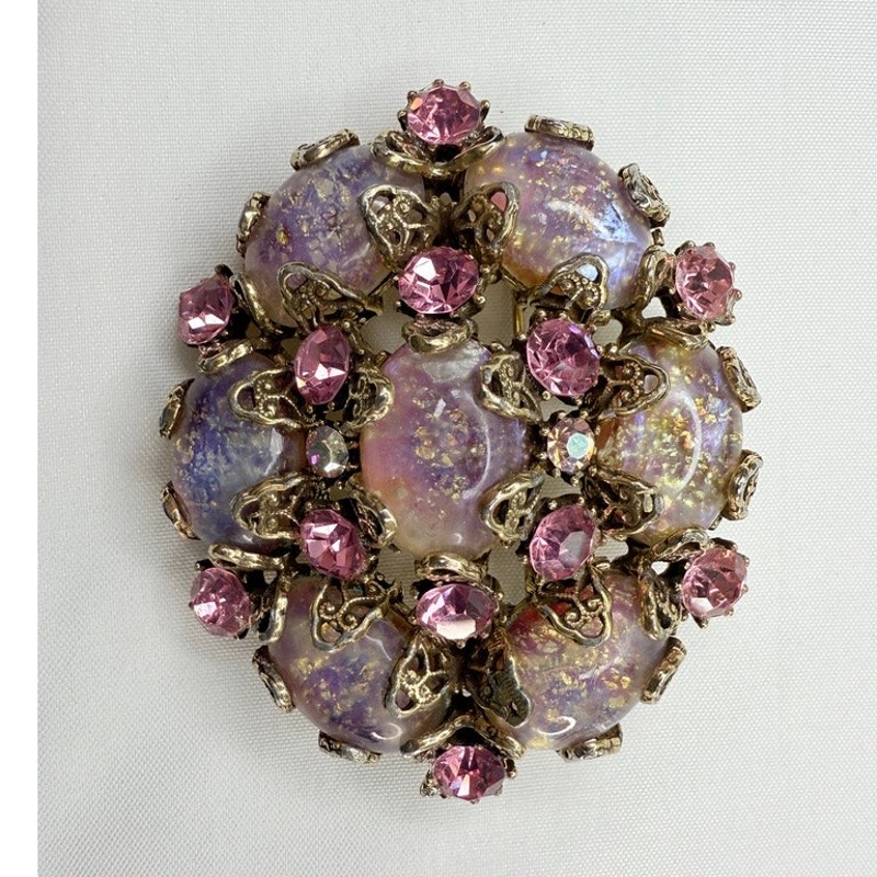 Vtg 1950s Hollycraft Opalescent Art Glass & Pink Rhinestone Domed Brooch